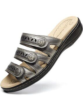 Women's Comfort Leather Slides Flat Sandals Pewter Slip On Walking Slippers